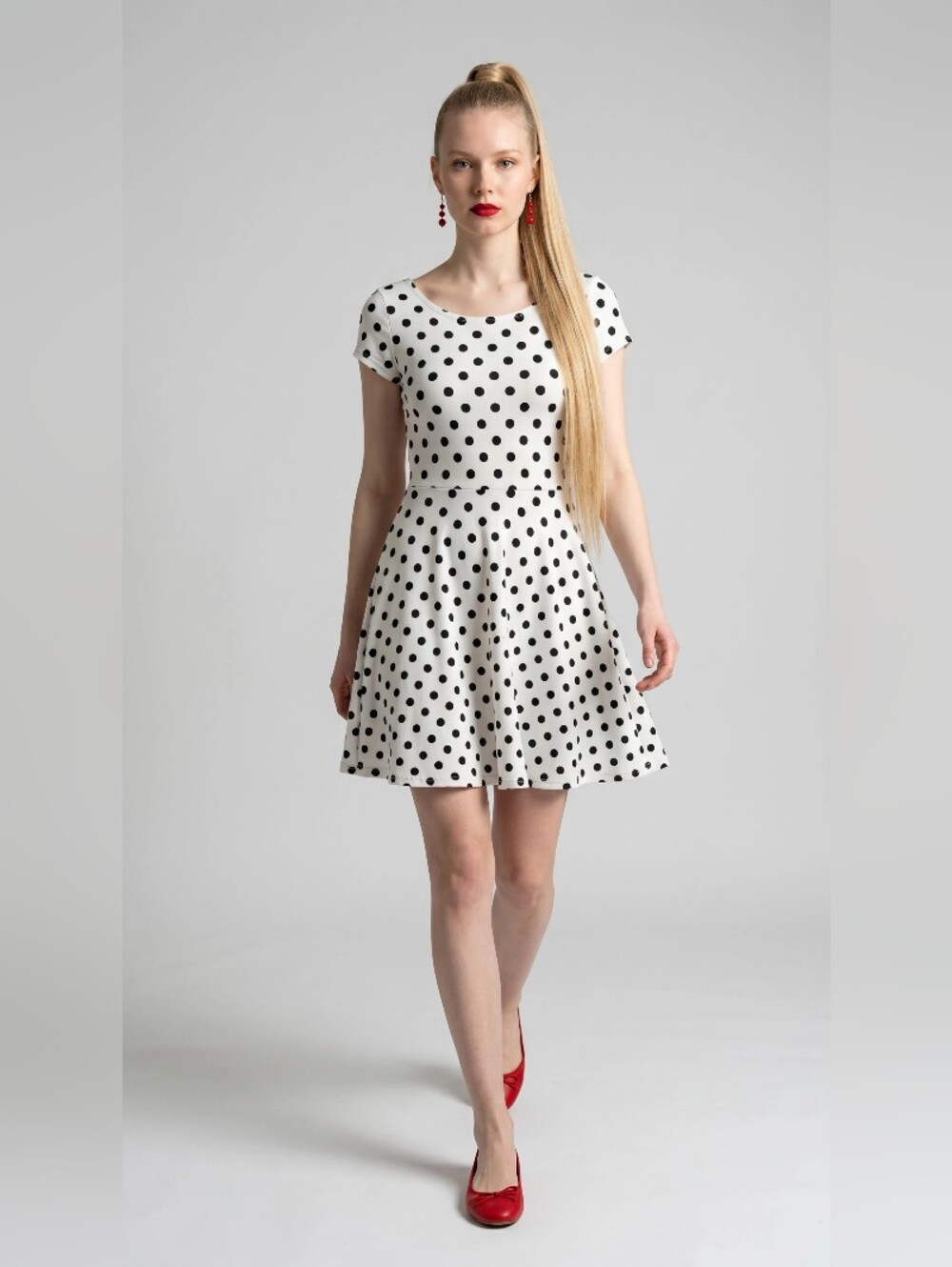 LOVE  ADY Classic White and Black Polka Dot Fit-and-Flare Dress SIZE MEDIUM